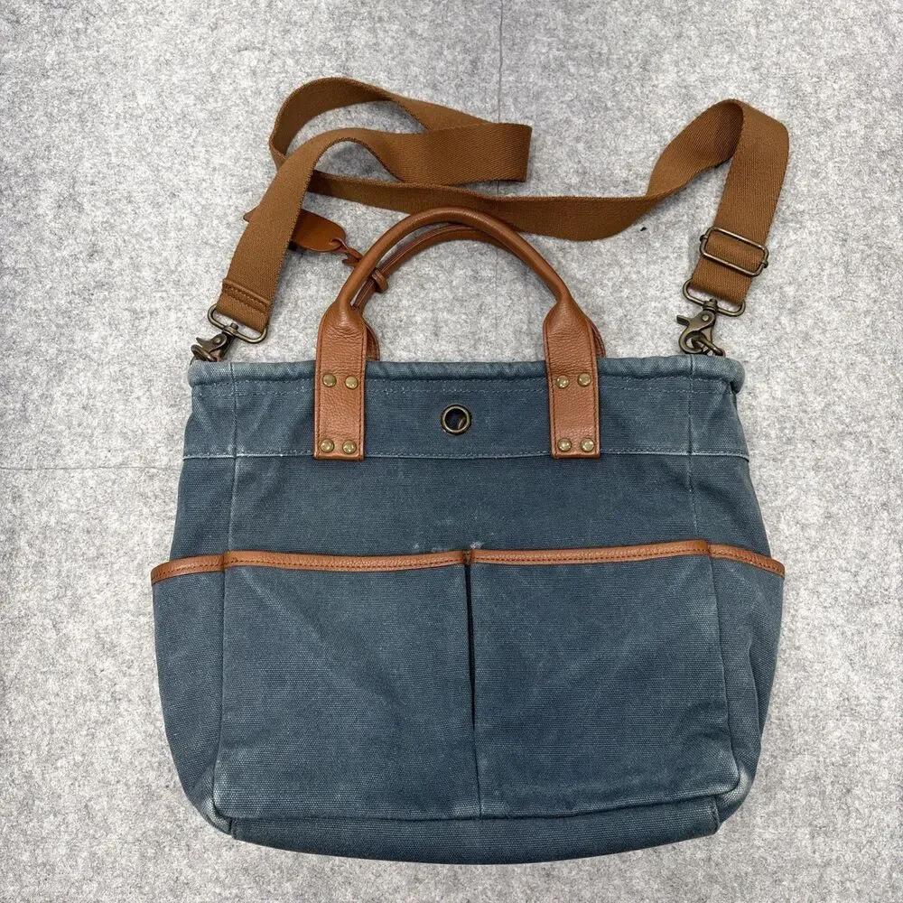 Levenger Bloomsbury Blue Canvas Book Tote Crossbody Bag Leather Trim retro boho